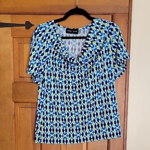 MANDY EVANS Blue Geometric Women's Drape Neck Stretch Top